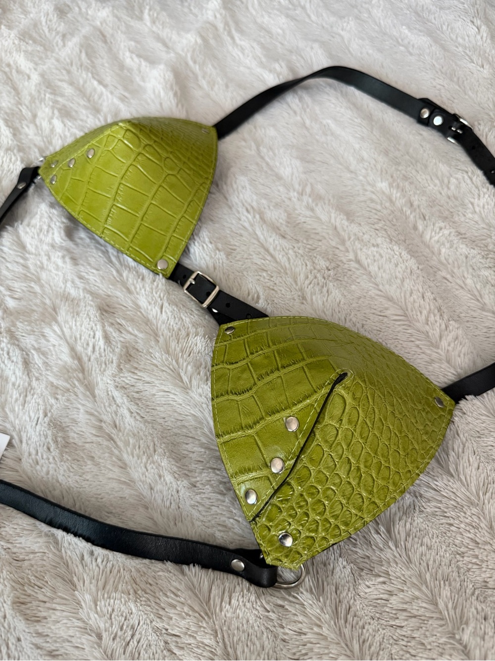 Green Croc-Embossed Leather Triangle Bra Top